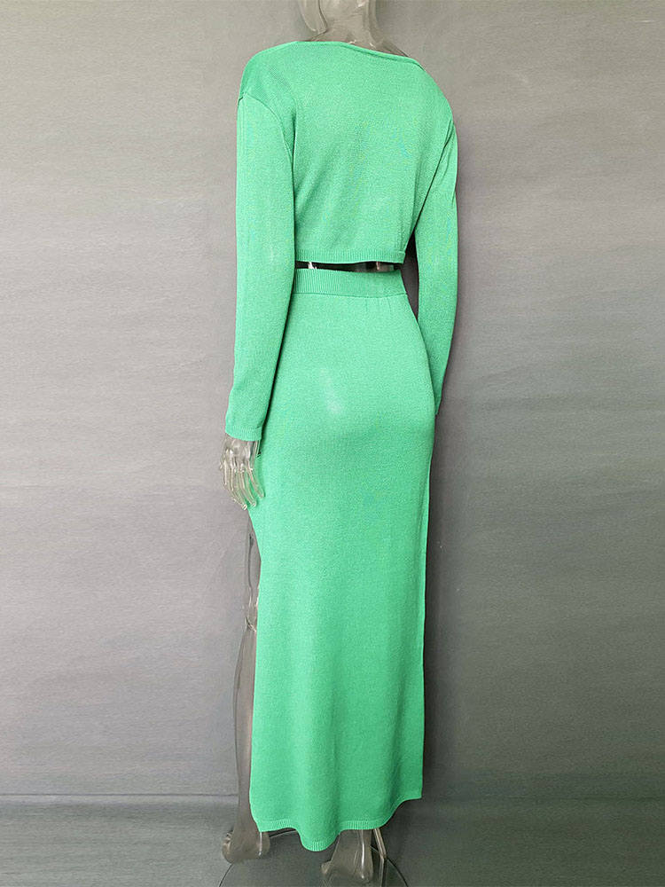 Ootddress Knitted Cover Up 2 Piece Outfits Hollow Out Crochet Knitted Suit Party Dresses Women 2 Piece Matching Set with Midi Skirt