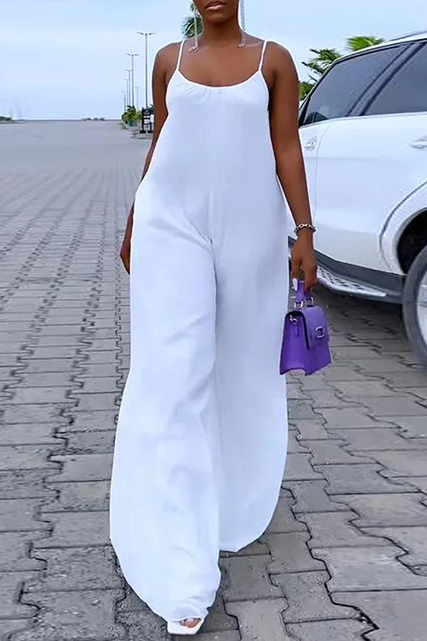 Casual White Wide Leg Suspenders Jumpsuits