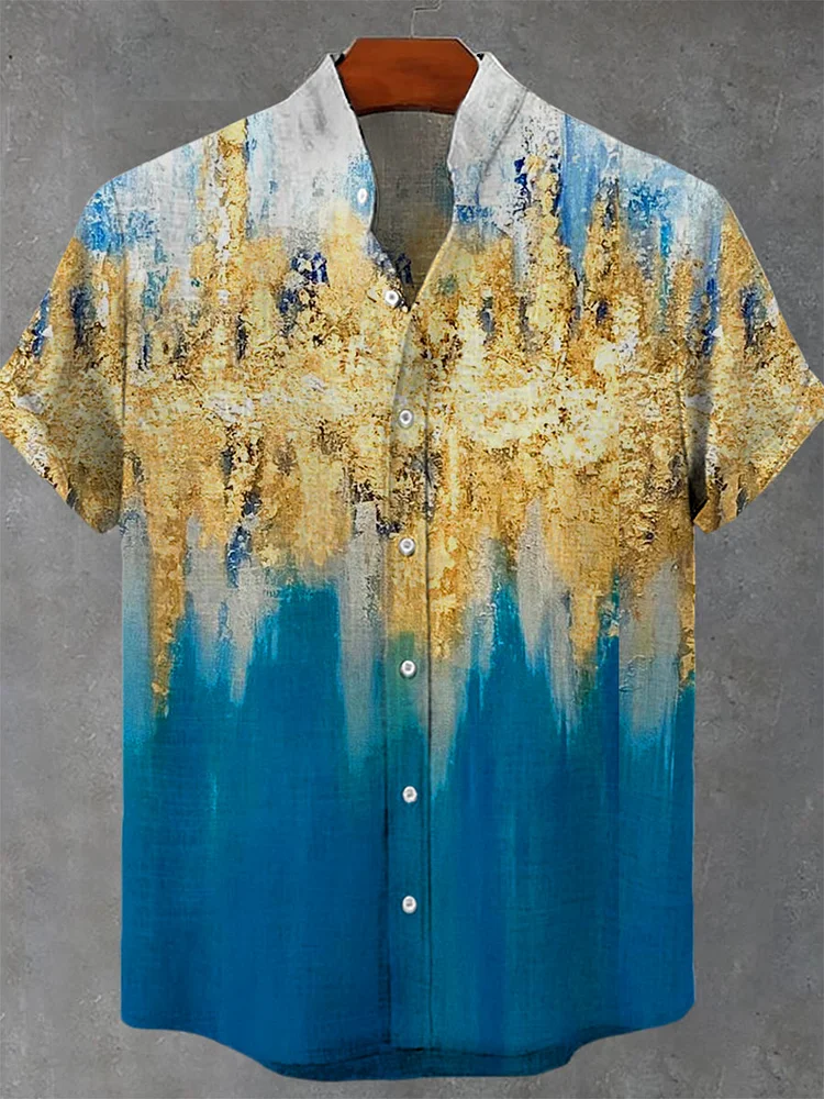 Gold & Blue Art Print Casual 100% Cotton Shirt