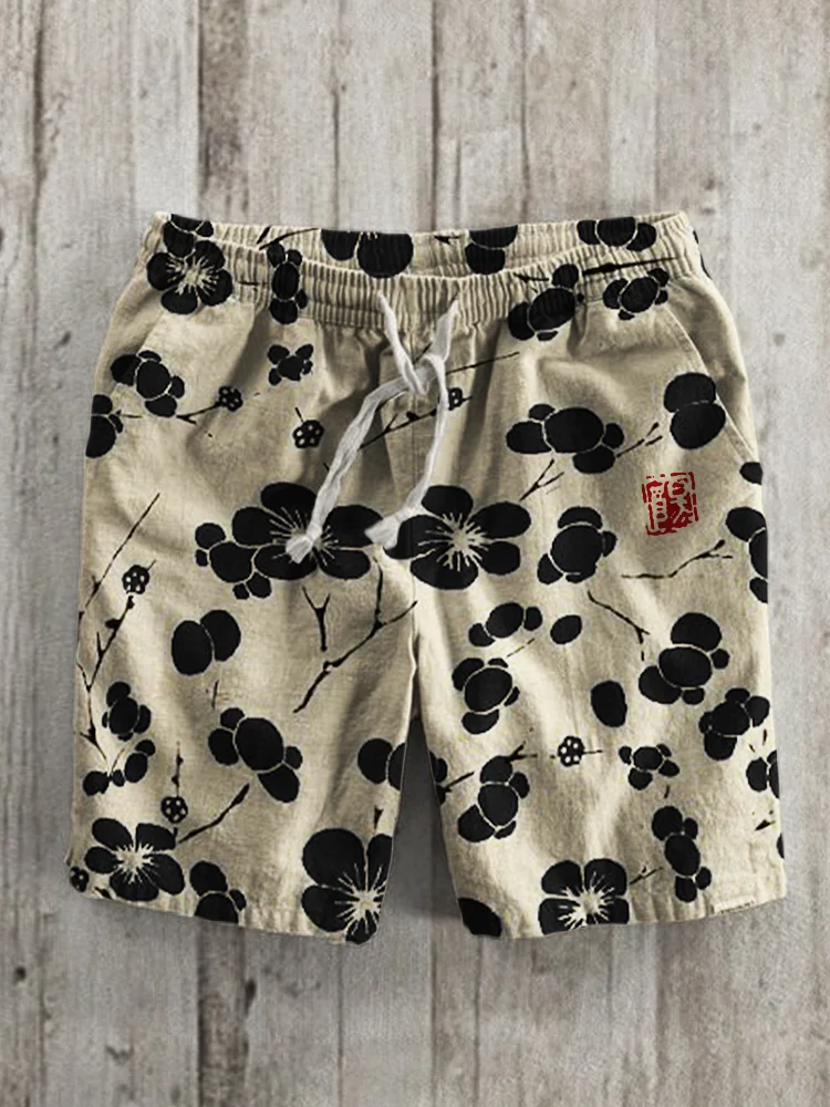 Cherry Blossom Japanese Lino Art Linen Blend Shorts