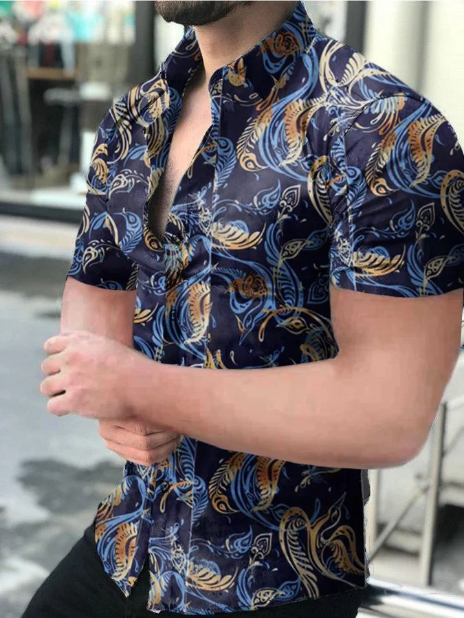 Men's Casual Blue Floral Short-Sleeved Shirt
