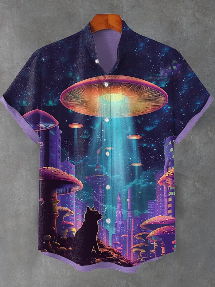 Men's Black Cat Mushroom UFO Trippy Art Print Casual Shirt