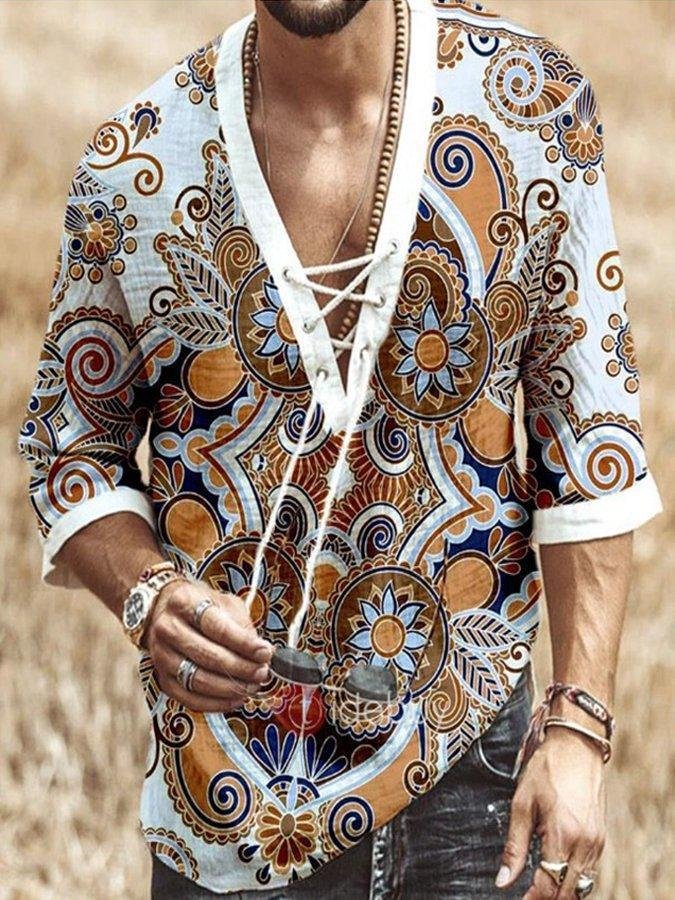men's short-sleeved striped printed casual shirt