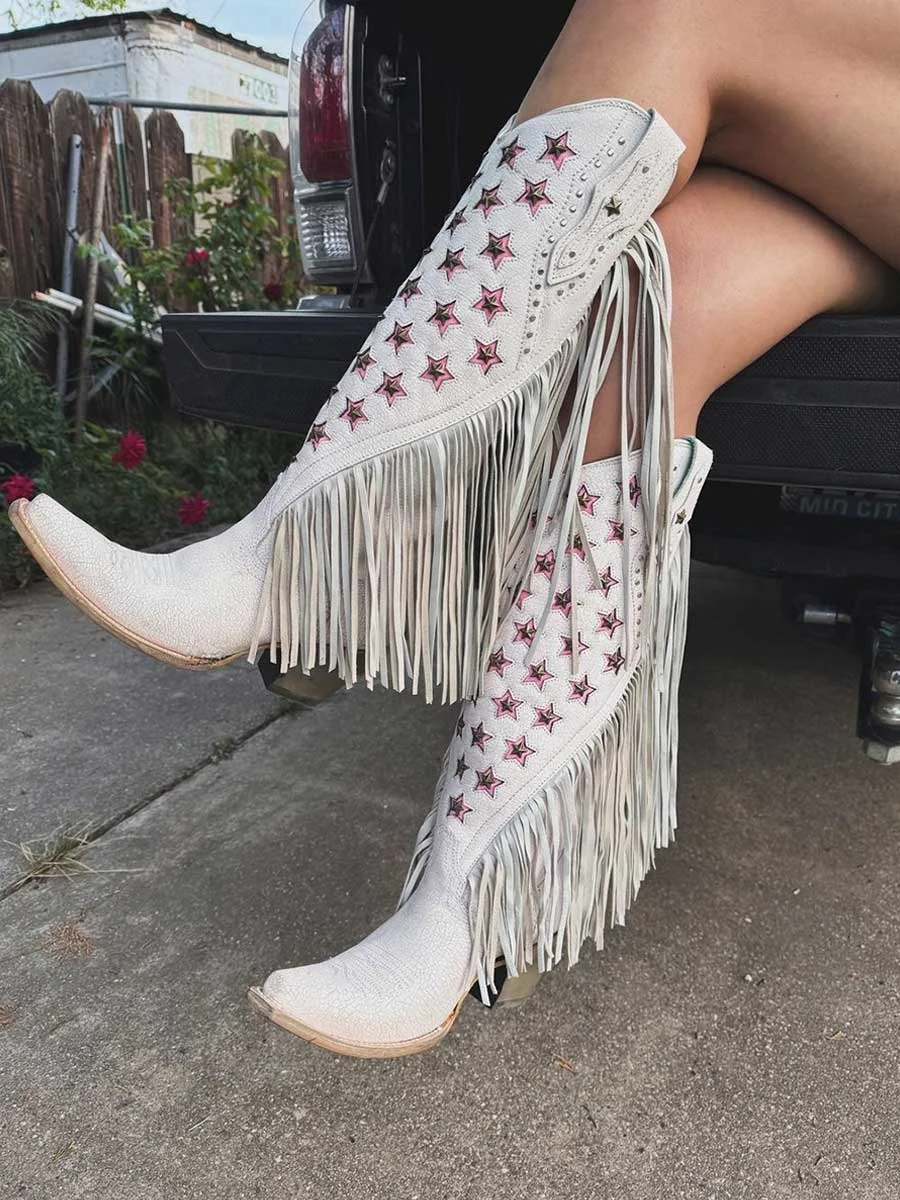 White Snip Toe Pink Star Inlay Studded Fringe Knee Cowgirl Boots