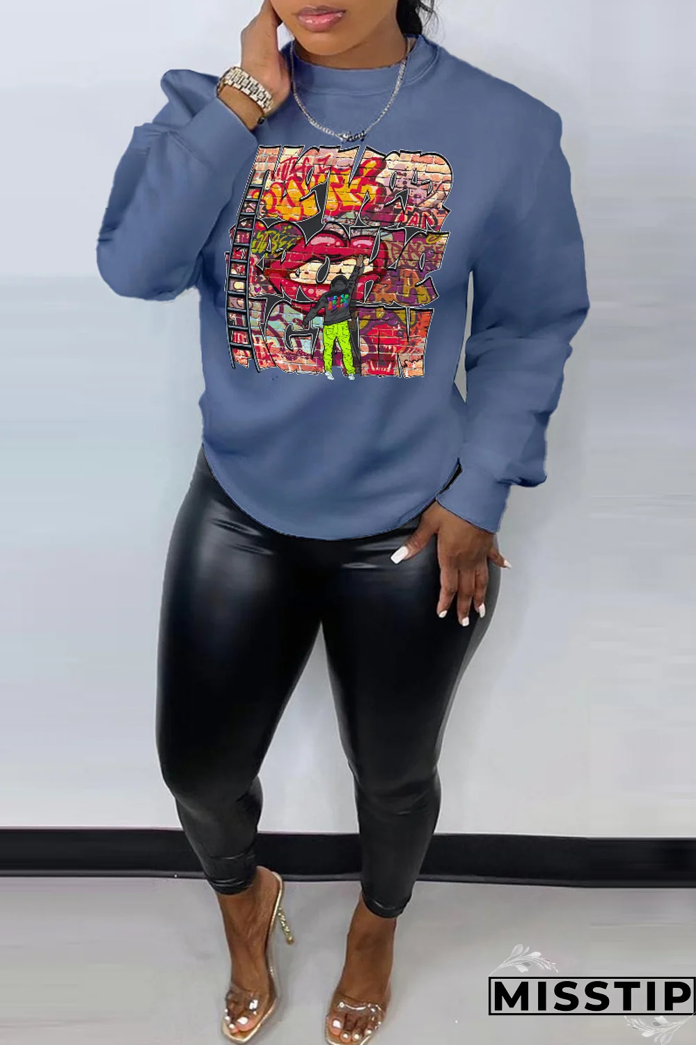 Blue Street Vintage Print Patchwork Letter O Neck Tops