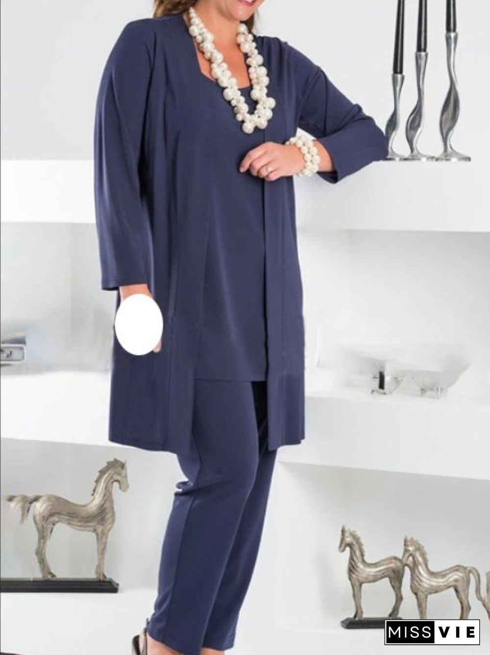 Three Pieces Casual Blue Inner And Outerwear And Pants