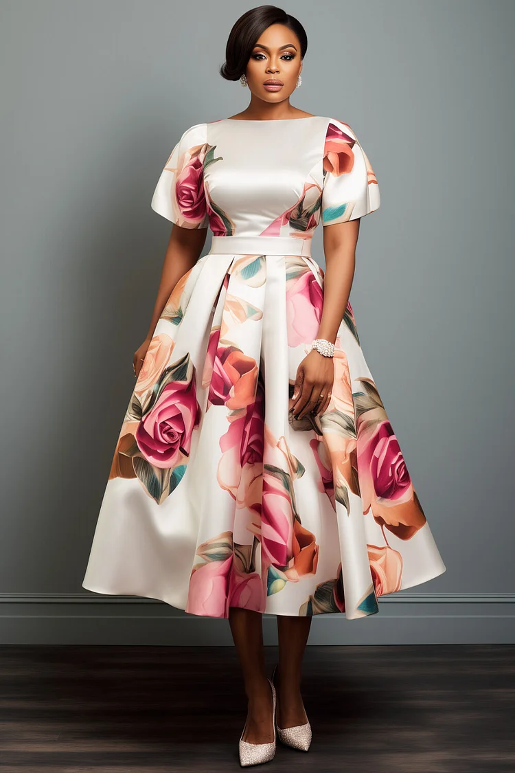Xpluswear Design Plus Size Churchs White Floral Round Neck Short Sleeve Pocket Elegant Satin Midi Dresses [Pre-Order] 2024 - Xpluswear