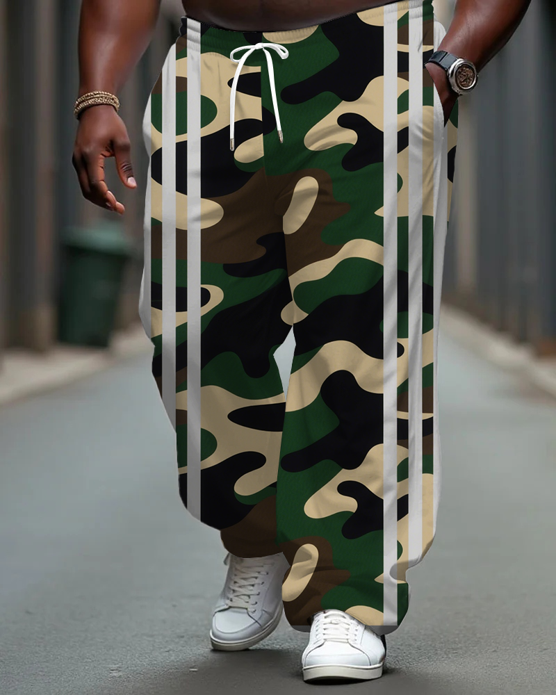 Big Men's Casual Fashion Camouflage Simple Stripes Printed Pants with Pockets & Drawstring