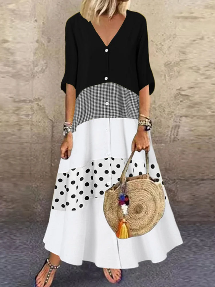 Women Casual Short Sleeve V-neck Polka Dot Stitching Printed Mixi Dress