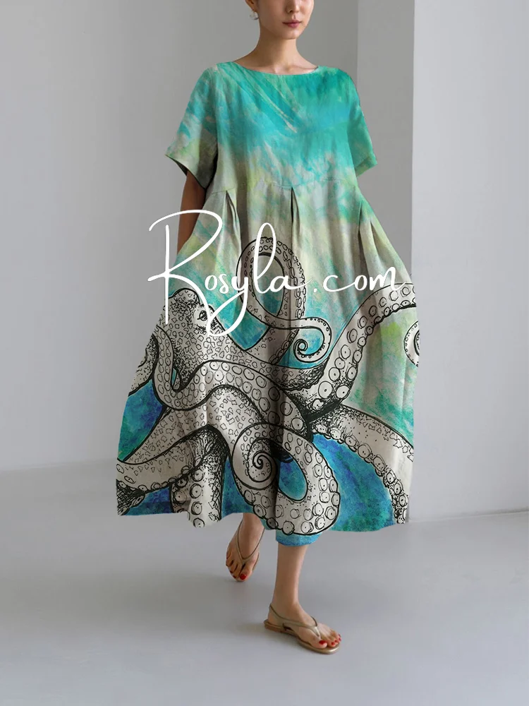 Women's Fashion Octopus Print Loose Round Neck Medium Length Skirt Dress