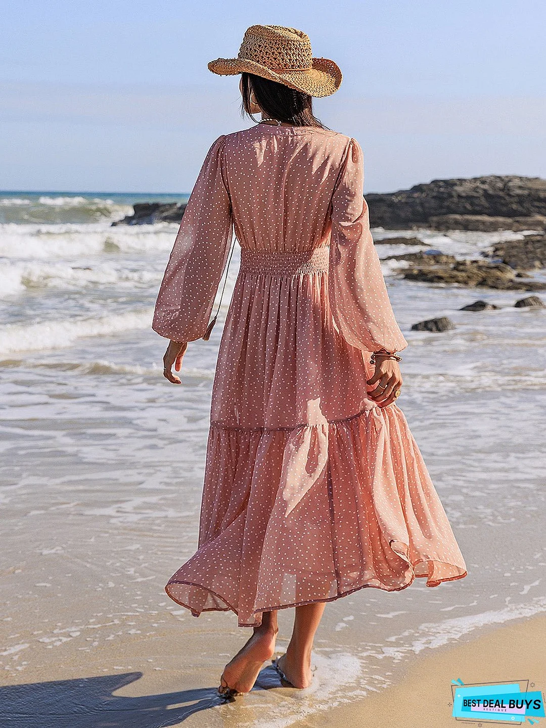 Embroidered Polka Dot Tie Neck Long Sleeve Midi Dress