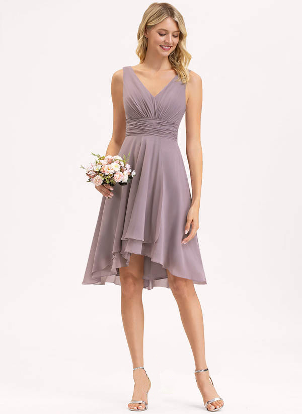 Lvs&Broner Simple Dusk Chiffon V Neck Sleeveless High Waist Pleated Short Bridesmaid Dress 