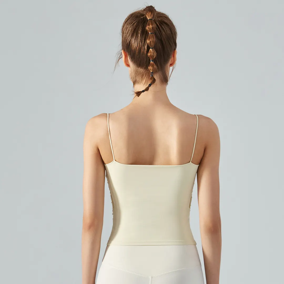 Buy Hergymclothing Light Yellow women's high support ruched sides square neck nature skin friendly soft running vest with built in removable pads at an affordable price