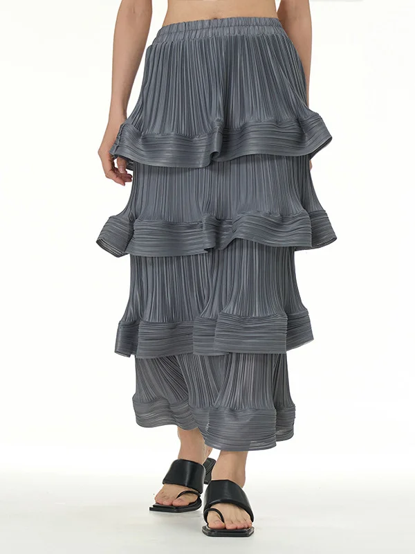 Solid Color Ruffled Pleated Layered Elasticity Loose Skirts Bottoms