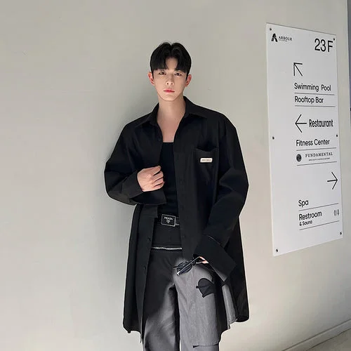 Korean Casual Long Style Casual Ribbon Sleeve Versatile Shirt-dark style-men's clothing-halloween