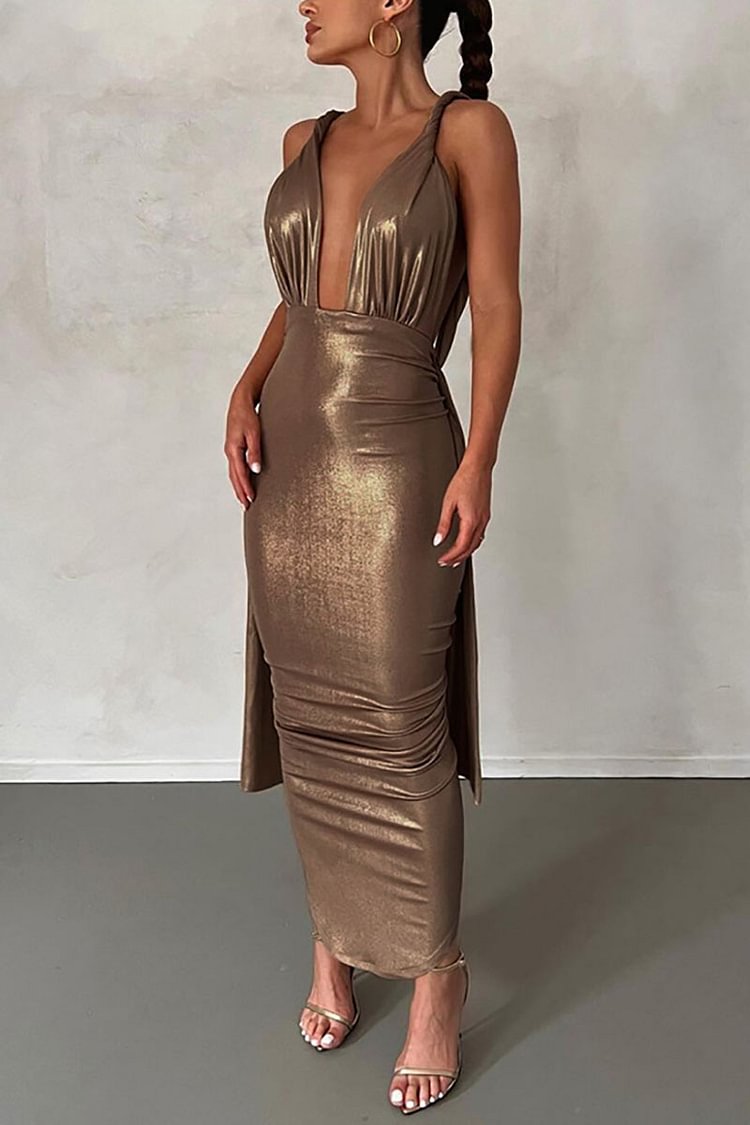 Deep V Neck Twist Strap Backless Ruched Slit Party Midi Dresses