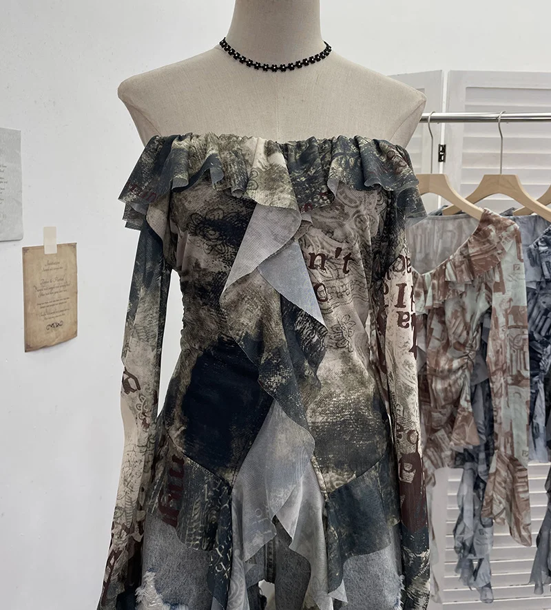 Nigikala Nigikala Shooting Retro Shoulder Tie-Dye Net Horn Long-Sleeved T-Shirt Irregular Lotus Leaf Side Ribbon Y2k Top 8012