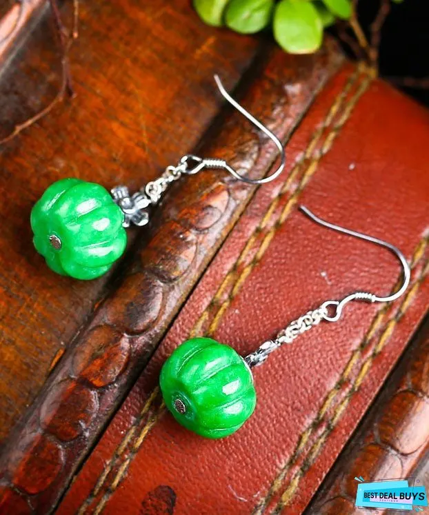 Vintage Green Sterling Silver Jade Pumpkin Drop Earrings