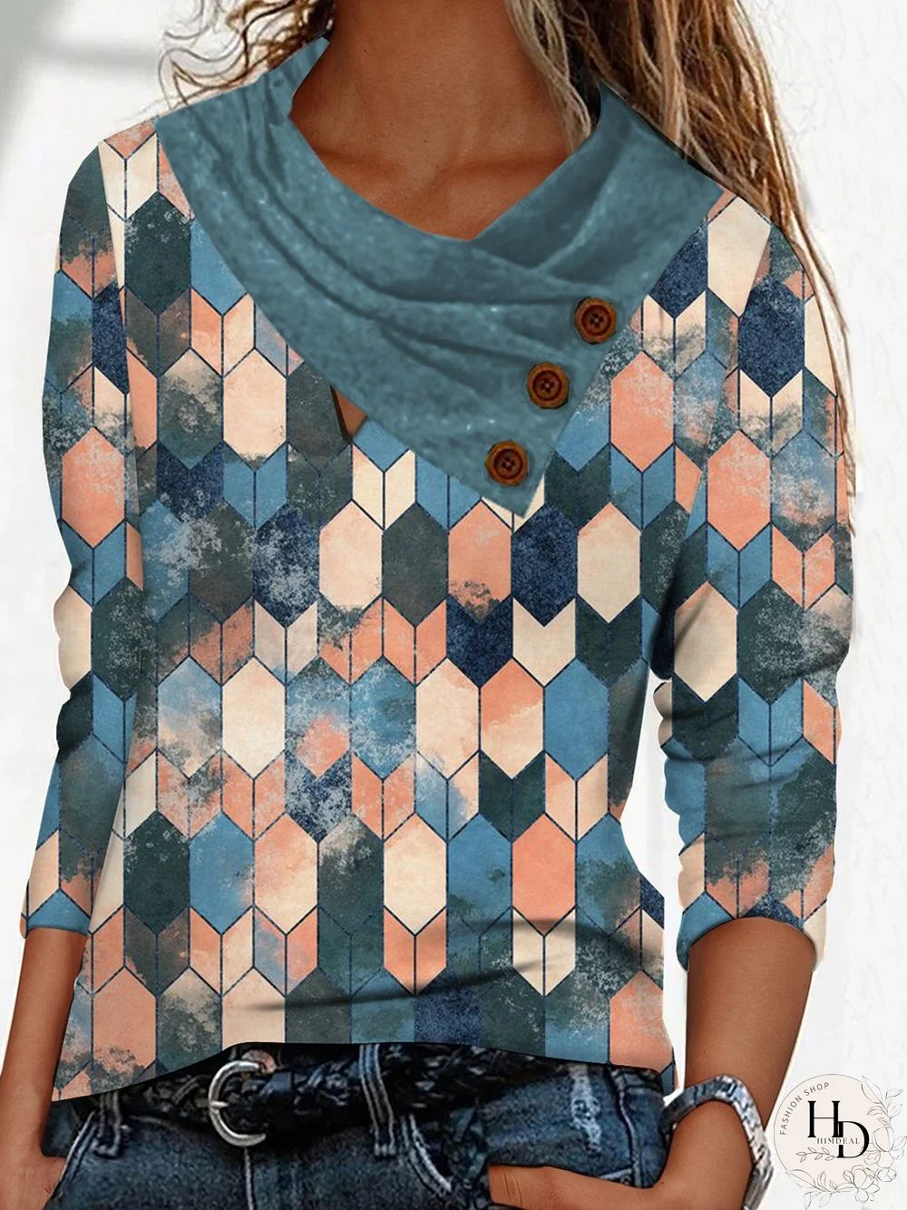 Geometric Casual Autumn Micro-Elasticity Jersey Best Sell Shawl Collar H-Line Regular Tops for Women