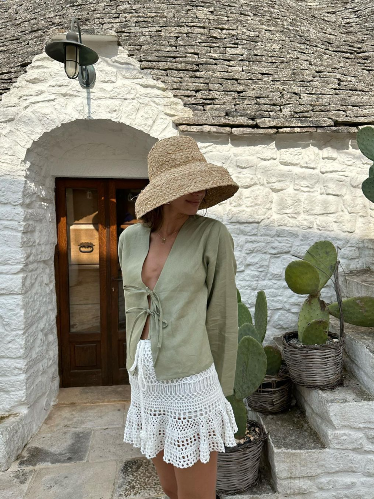 Uveng Women V Neck Solid Green Lace Up Shirt Fashion Long Sleeves Loose Cropped Top Chic Lady Street Blouse Vacation Tops