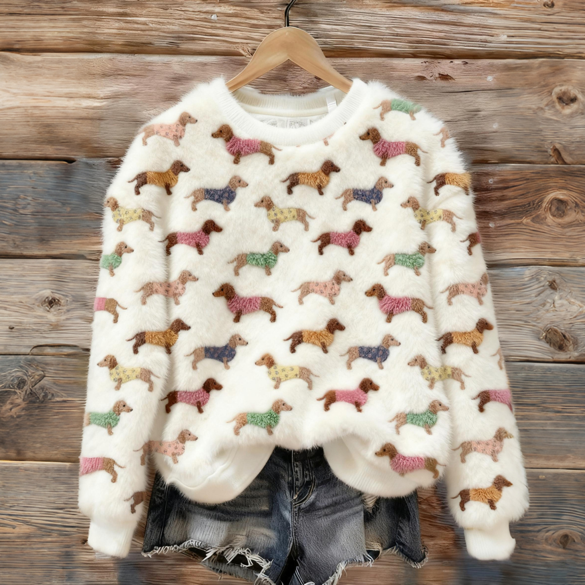 Cute Dachshund Pattern Warm Plush Pullover Sweater elevenforest