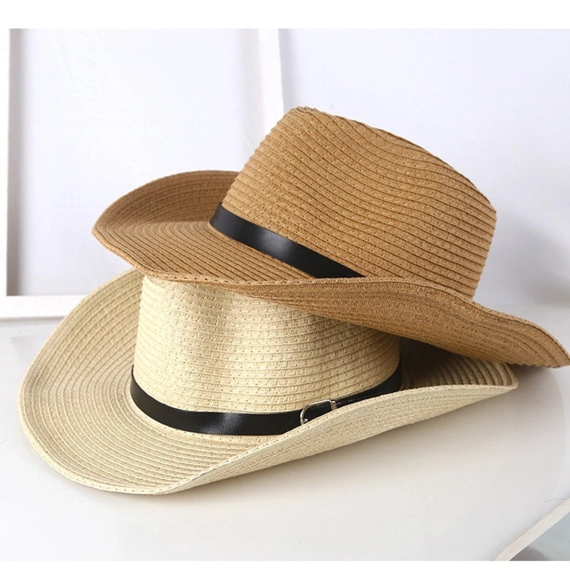 Fashion Men’s Western Cowboy Hat Outdoor Mountaineering Sun Protection Big Brim Hat Summer Jazz Top Hat Straw Hat