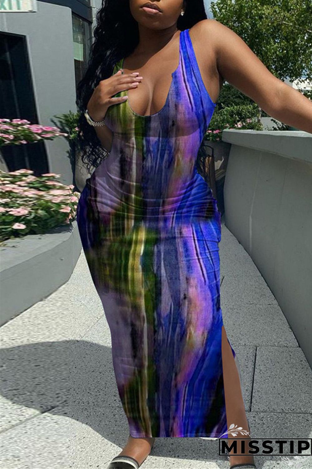 Deep Blue Fashion Sexy Print Tie Dye Slit U Neck Vest Dress