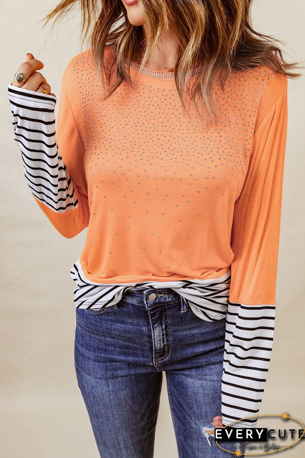 Orange Rhinestone Beading Striped Patchwork Long Sleeve Top