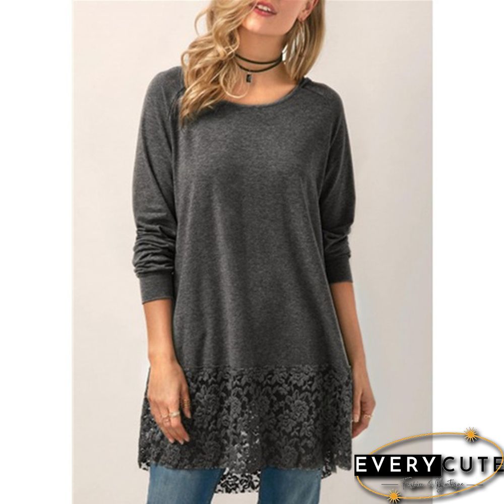 Women Fashion Solid Color Hoodies Long Sleeved T-shirt Autumn Lace Hooded Sweater Plus Size