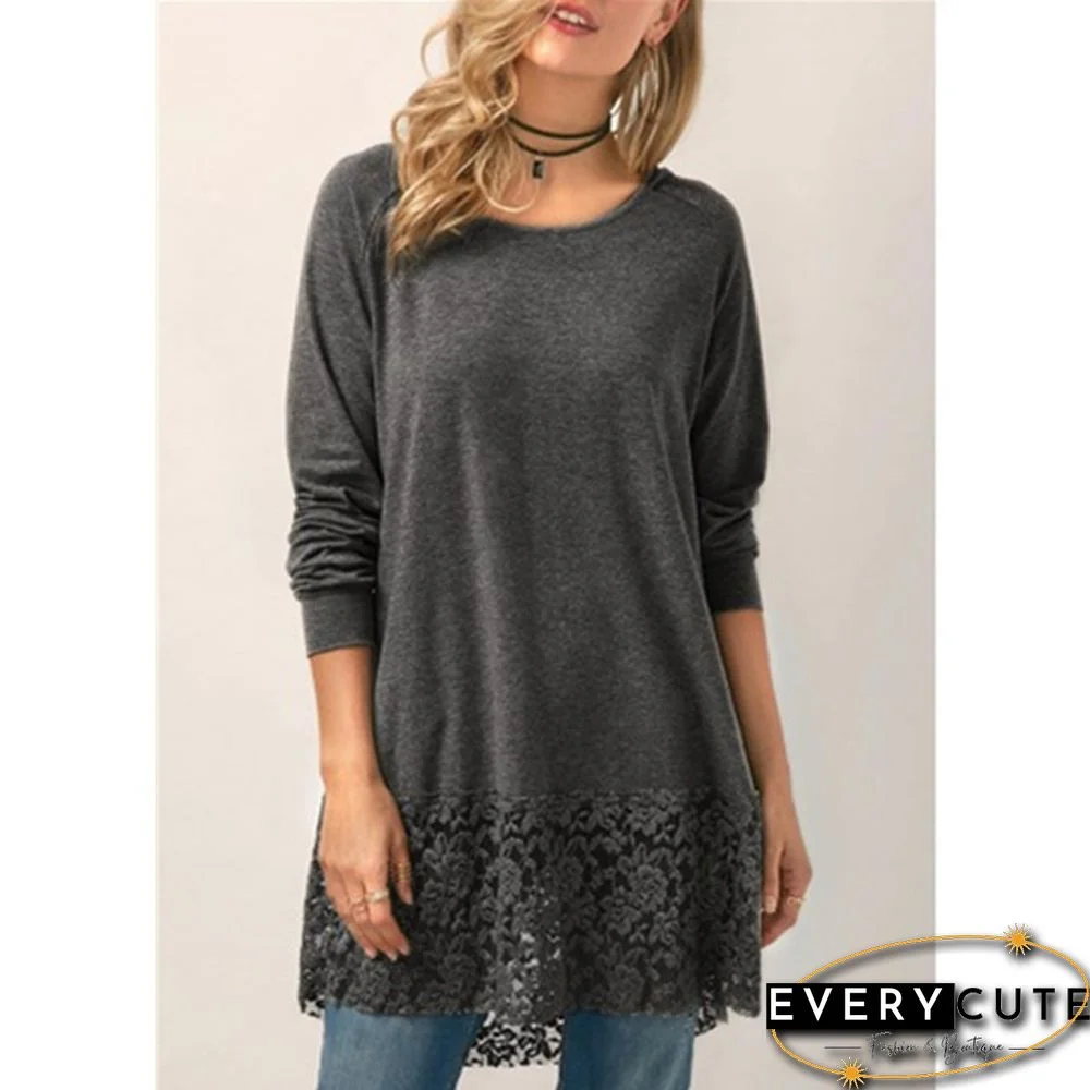 Women Fashion Solid Color Hoodies Long Sleeved T-shirt Autumn Lace Hooded Sweater Plus Size