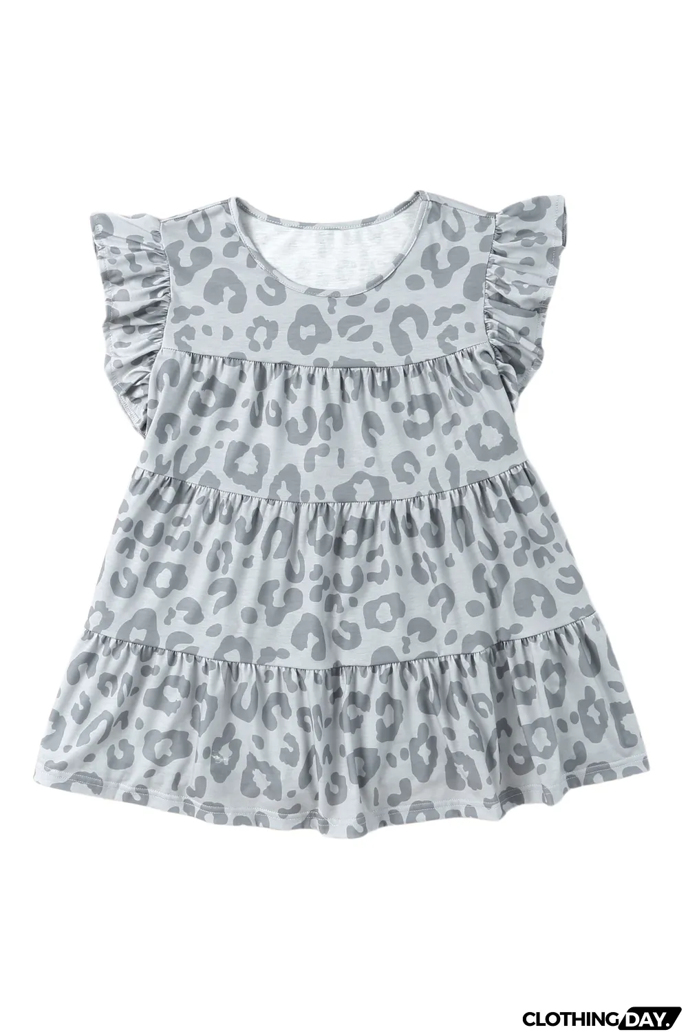 Gray Leopard Print Flutter Sleeve Tiered Tank Top