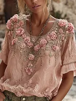 Women's Floral Embroidered Art Flowy Linen Blend Short Sleeve Casual Tops