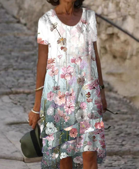 Casual Floral-Print Multi-Layered Crew-Neck Short-Sleeve Midi Dress