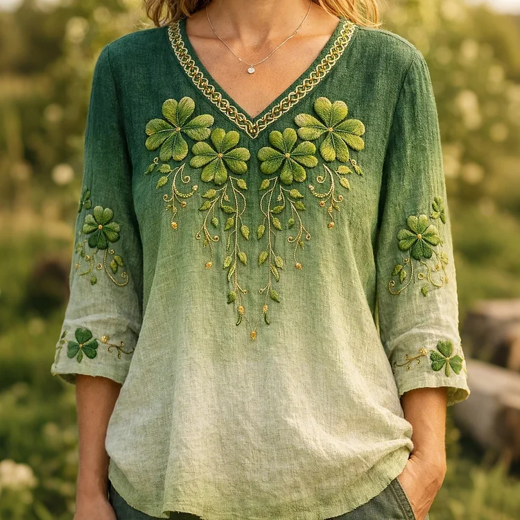 Women's Vintage St Patrick's Day Shamrock With Celtic Knot Art Loose And Comfortable Cotton And Linen V Neck Shirt