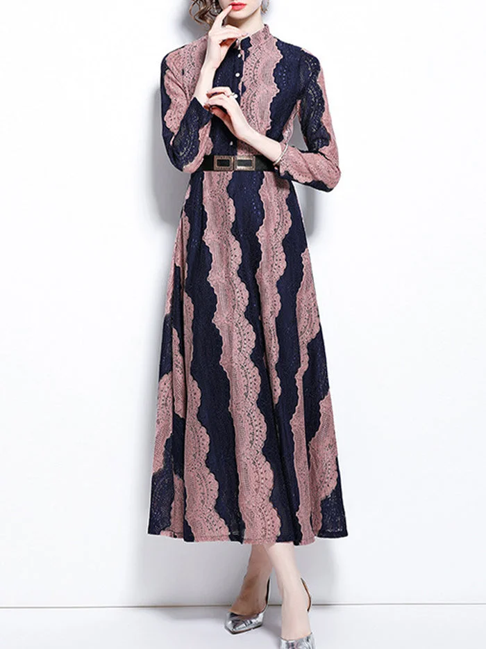 Stand-up Collar Lace Embroidered Long-sleeved Dress