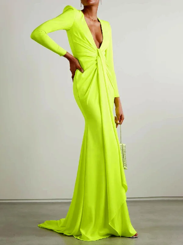 Solid Color Tasseled Zipper Long Sleeves Skinny V-neck Maxi Dresses Evening Dresses