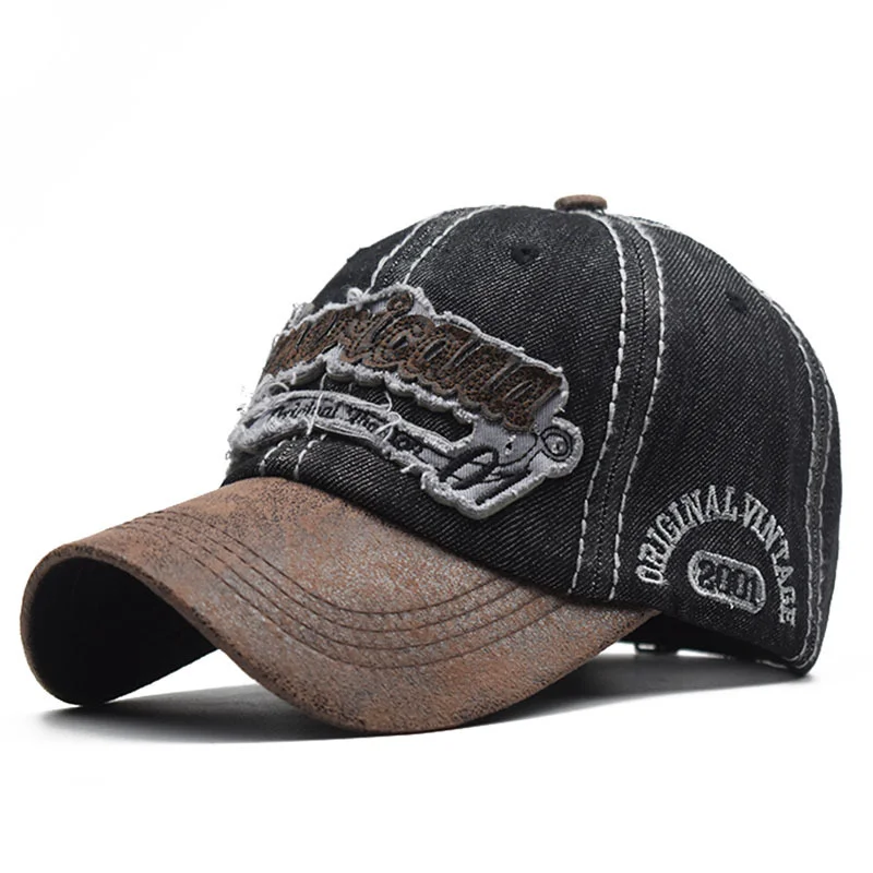 Embroidered Letter Diamond Denim Splicing Used Washed Cotton Hat