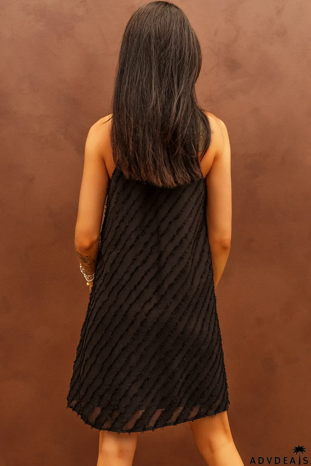 Black Textured Halter Lace-up Sleeveless Mini Dress