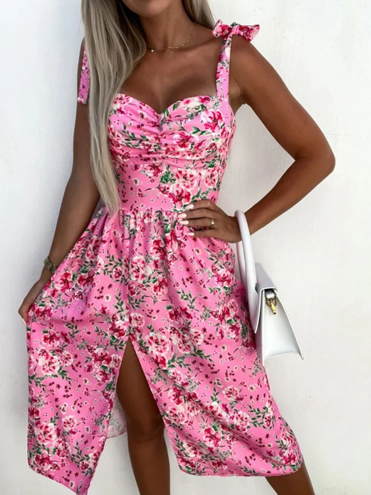 Summer Sexy Slim Spaghetti Dress For Women Elegant Sweet Floral Print Ruffles Women Dresses Beach Boho Sundress Vestidos