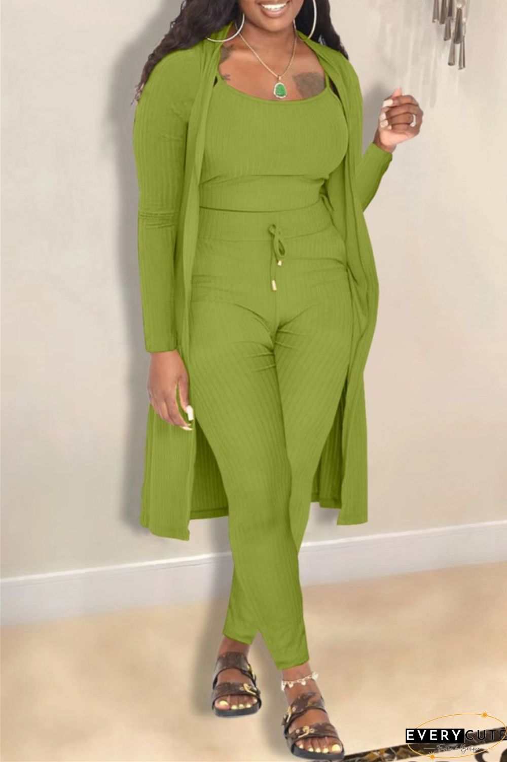 Casual Solid Cardigan Vests Pants Long Sleeve Three Piece Set