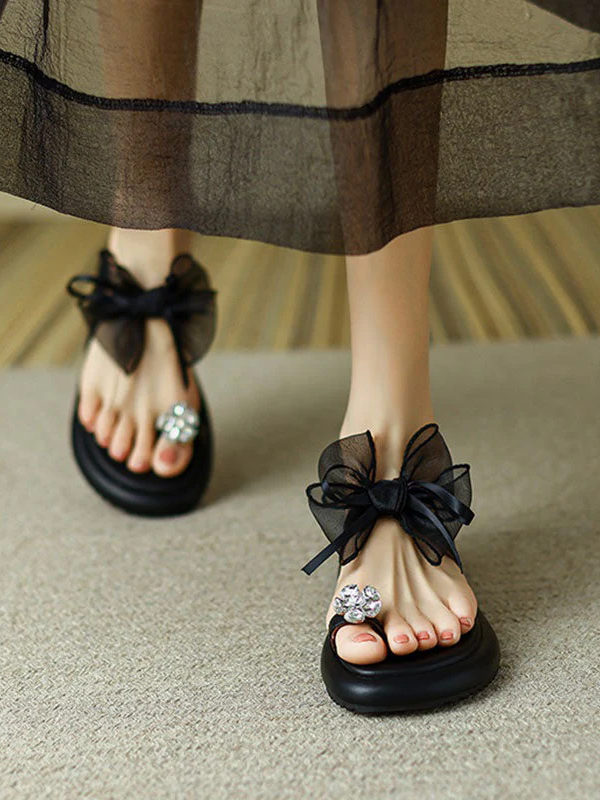 Mesh Bow Rhinestone Flip Flops