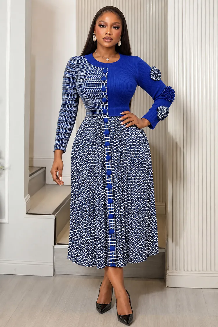 blue and white colorblock dress Plaid Print 3D Floral Long Sleeve Pleated Midi Dresses-White Style:76-088