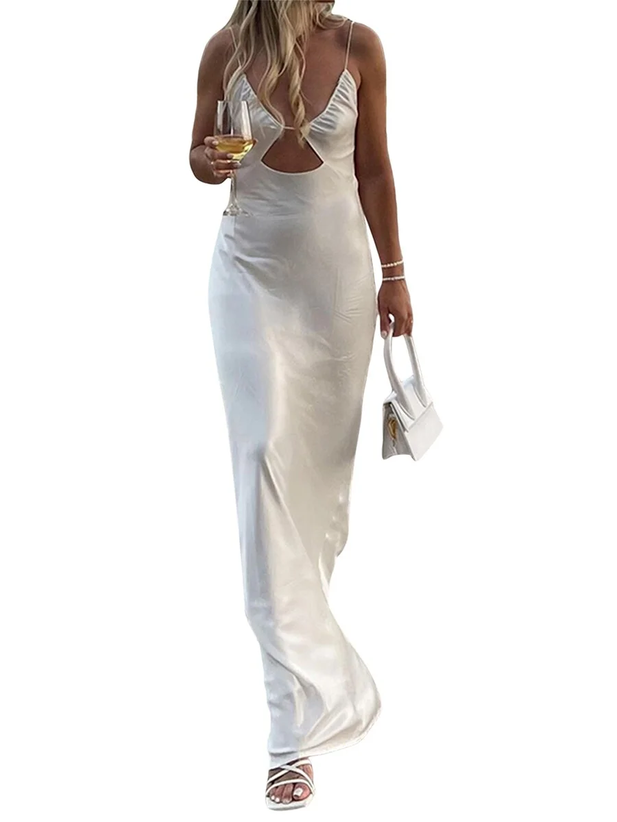 Satin Lace Up V-neck 2023 Summer Women Bodycon Long Dress Sleeveless Backless Elegant Party Outfits Night Club Clothes
