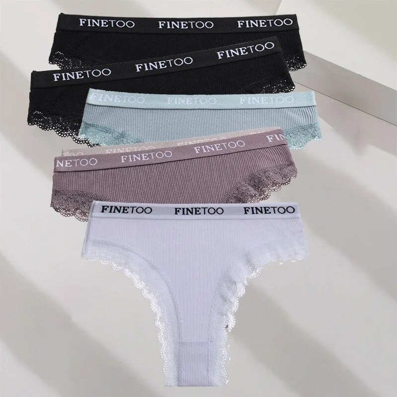 FINETOO 5PCS/Set M-XXL Cotton Panties Women's Letter Thong  Girls Brazilian Panty Sexy Lace Underwear For Woman Lingerie Bikini