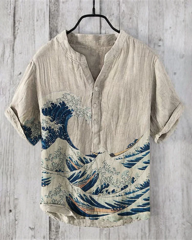 Men's Retro Printed Cotton and Linen Short-Sleeved Shirt