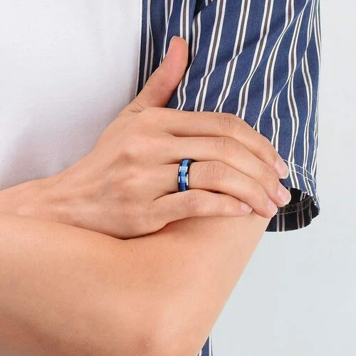 6MM 8MM Women Men Tungsten Matching Black Rings With Blue Gold Wood Inlay High Polish