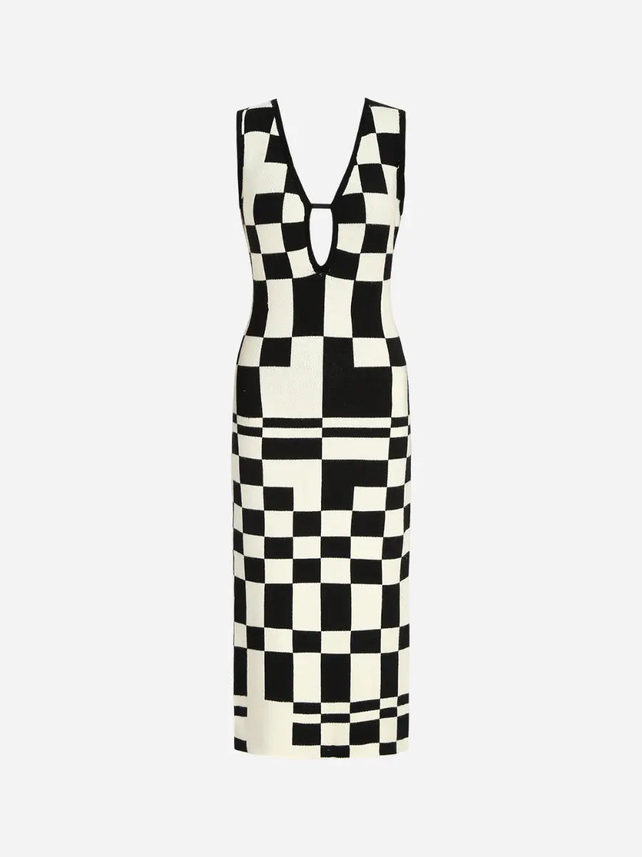 V Neck Hollow Out Irregular Check Midi Dress