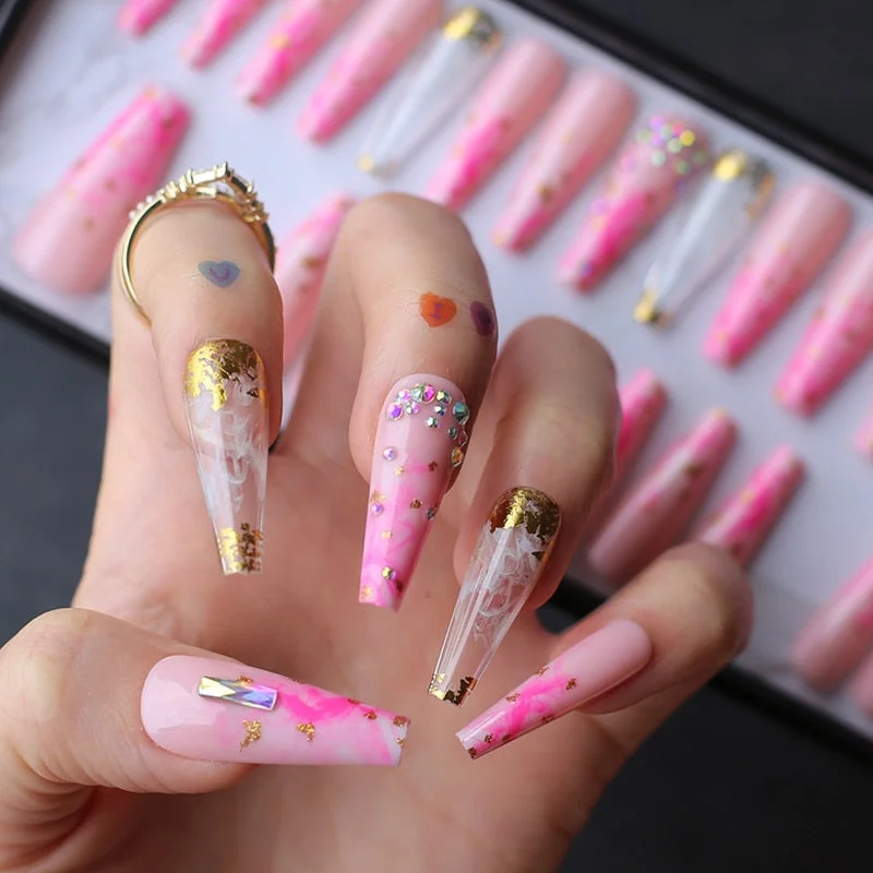 Rhinestone crystal design Pink Luxury Ombre extra Coffin Press on nails Gel Abstract smudge art crystal fake nails Custom logo