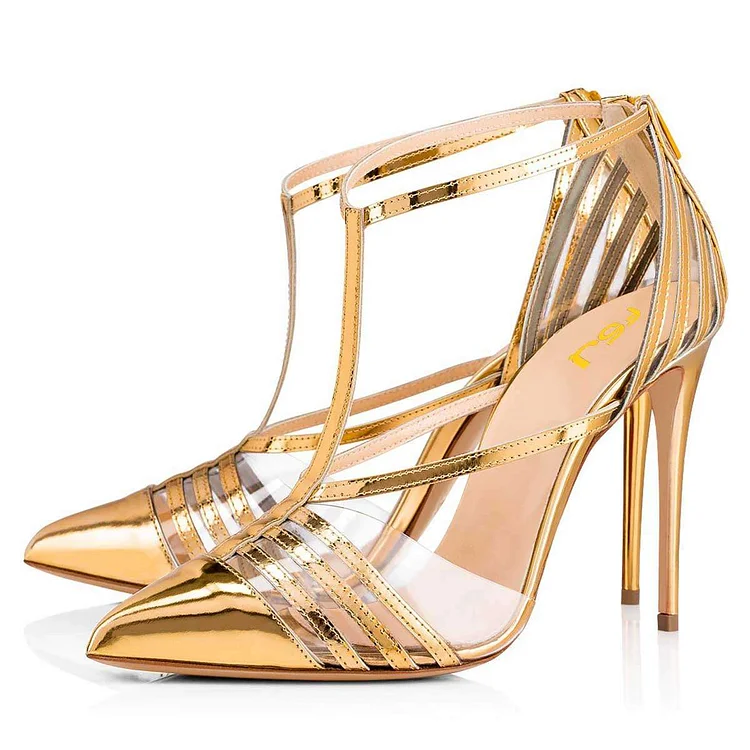 Gold transparent PVC T Strap Heels Pumps |FSJ Shoes