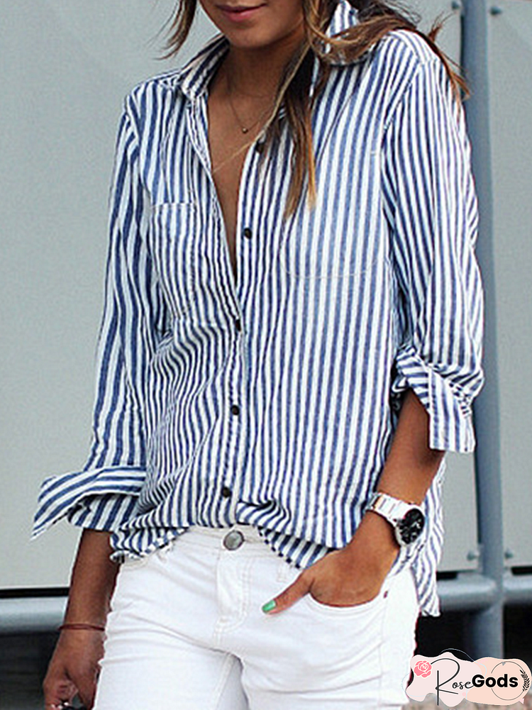 Shirt Collar Buttoned Long Sleeve Stripes Casual Plus Size Shirt